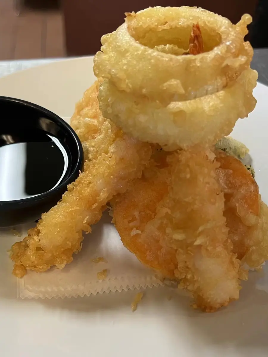 Crispy assorted tempura shrimp and onion rings at Suisen Ramen & Sushi, a Ramen Restaurant in Oxnard