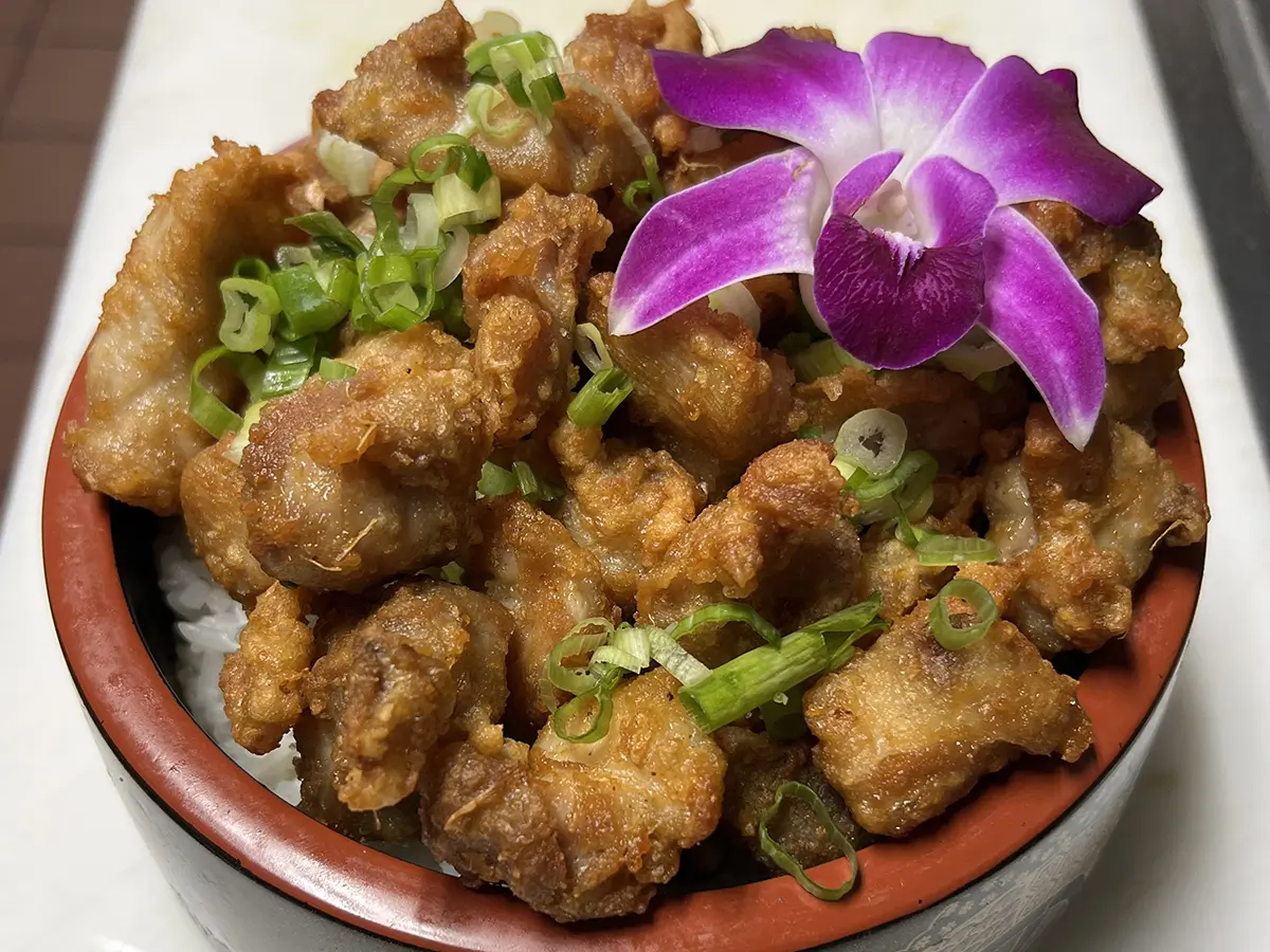 Crispy fried chicken rice bowl at Suisen Ramen & Sushi, a Ramen Restaurant in Oxnard