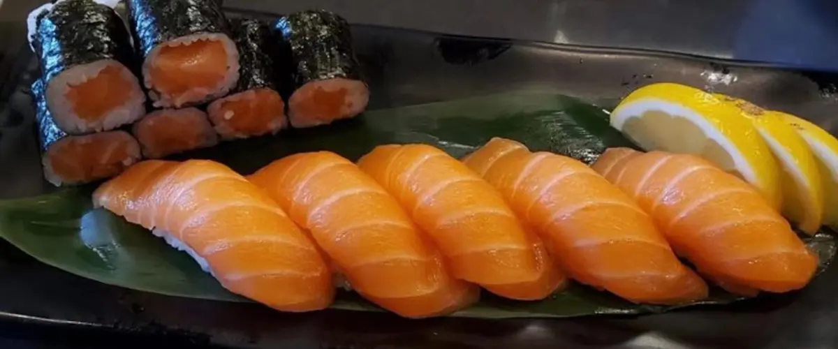Salmon nigiri and salmon maki at Suisen Ramen & Sushi, a Ramen Restaurant in Oxnard