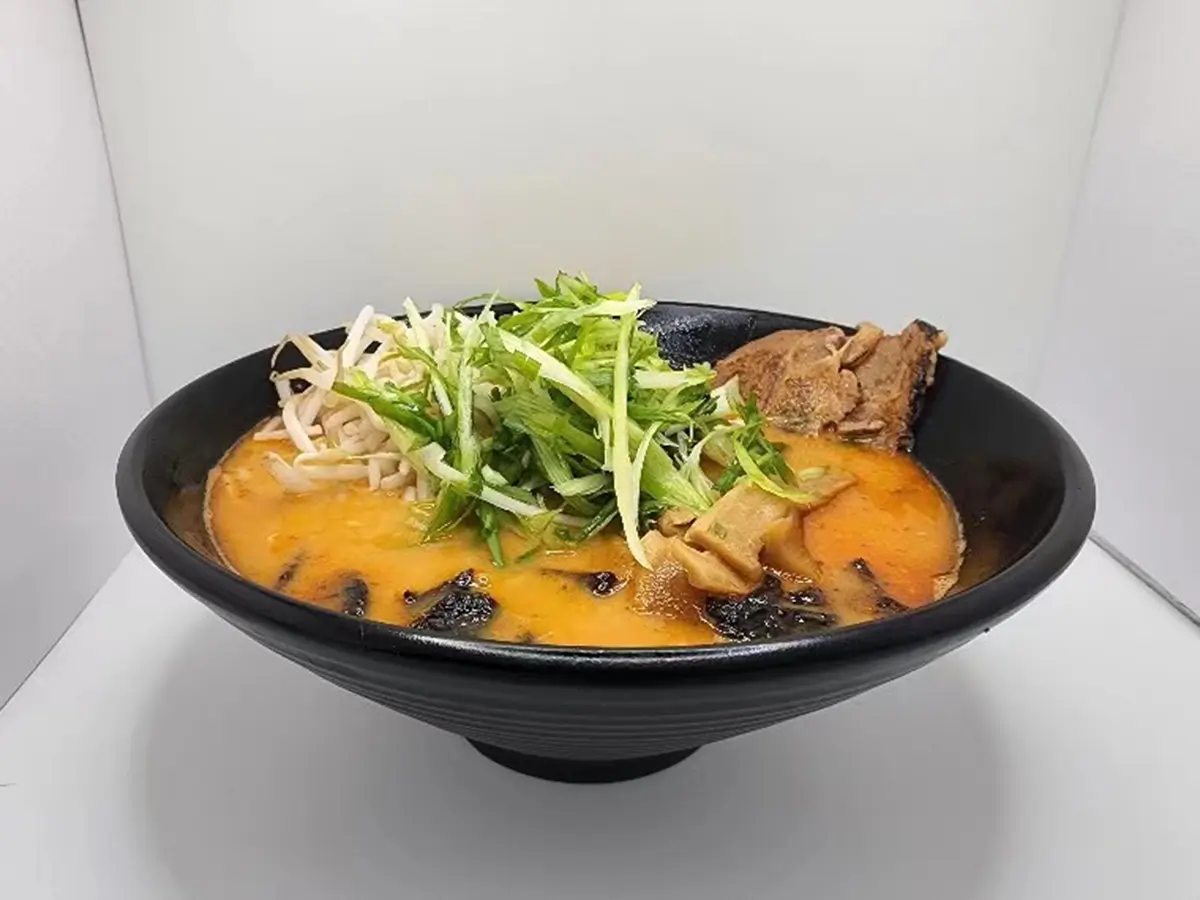 Spicy ramen with bean sprouts, green onion and braised pork at Suisen Ramen & Sushi, a Ramen Restaurant in Oxnard
