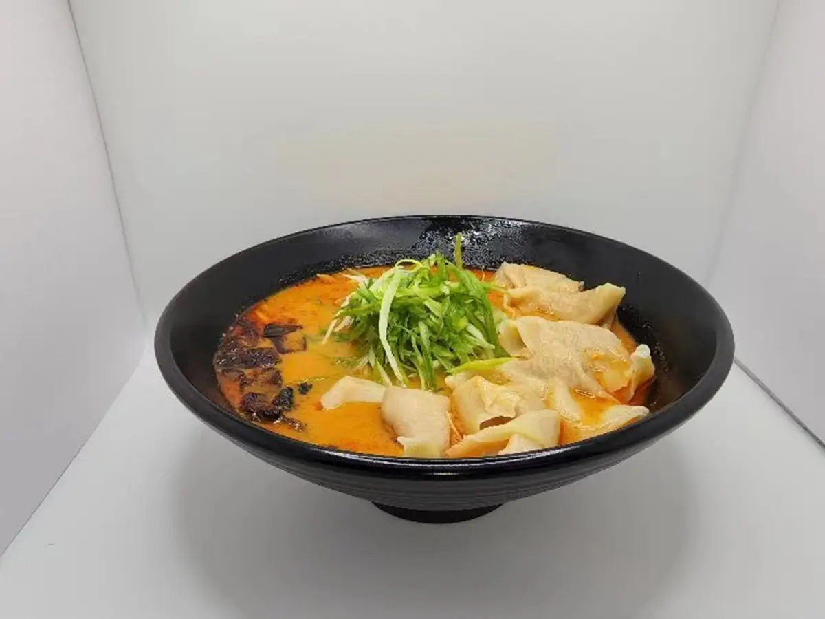 Spicy tonkotsu ramen filled with soft shrimp wontons at Suisen Ramen & Sushi, a Ramen Restaurant in Oxnard
