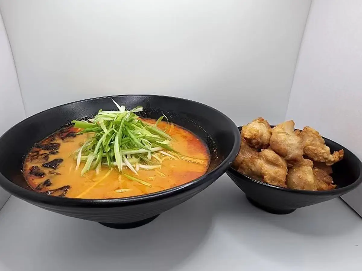 Spicy tonkotsu ramen with crispy fried chicken side at Suisen Ramen & Sushi, a Ramen Restaurant in Oxnard