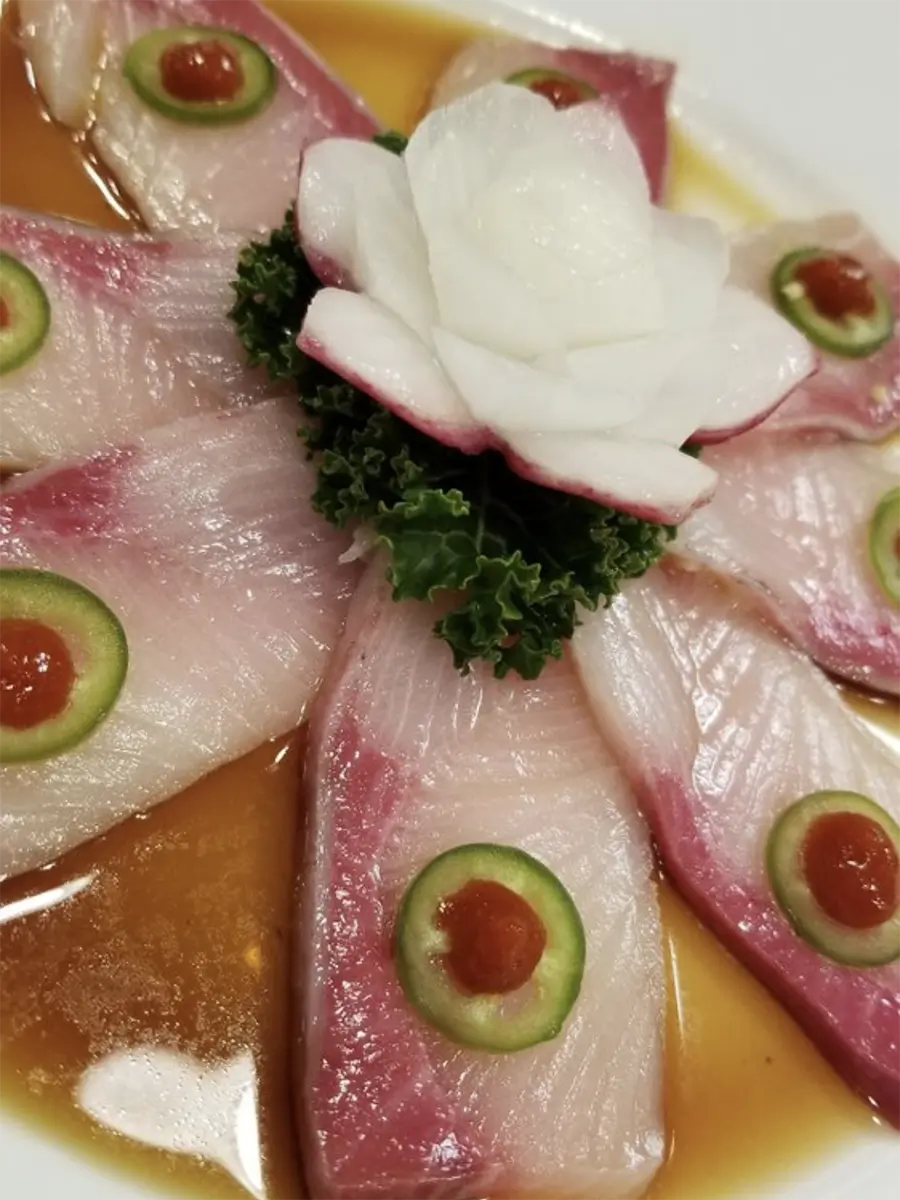 Thin sliced fish carpaccio with citrus sauce at Suisen Ramen & Sushi, a Ramen Restaurant in Oxnard