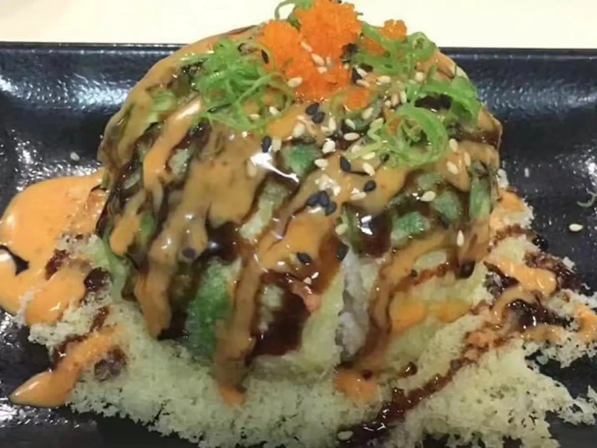 Volcano sushi stack with tobiko, green onion & creamy sauce at Suisen Ramen & Sushi, a Ramen Restaurant in Oxnard