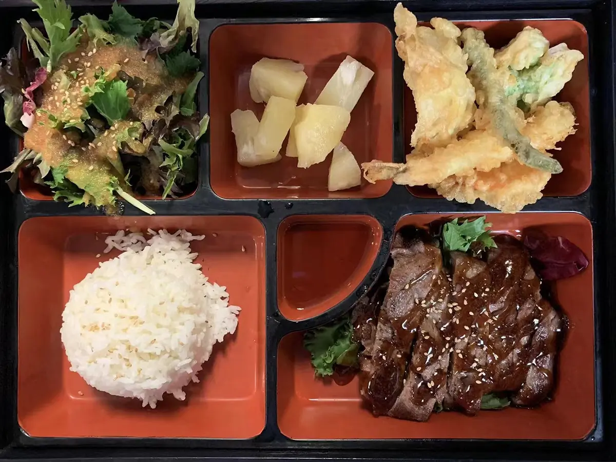 Wagyu tempura bento set at Suisen Ramen & Sushi, a Ramen Restaurant in Oxnard